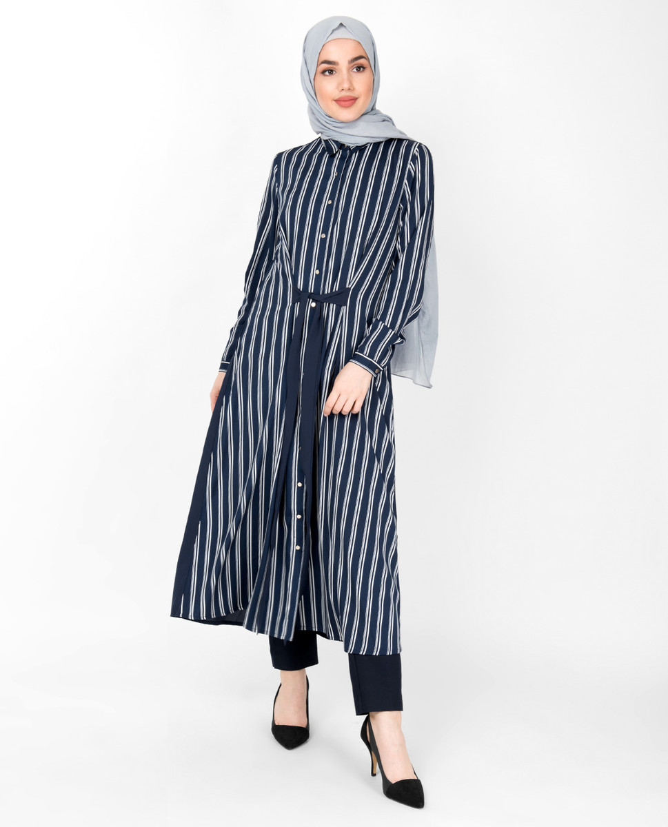 Navy ☀ White Striper Modest Shirt Dress ...